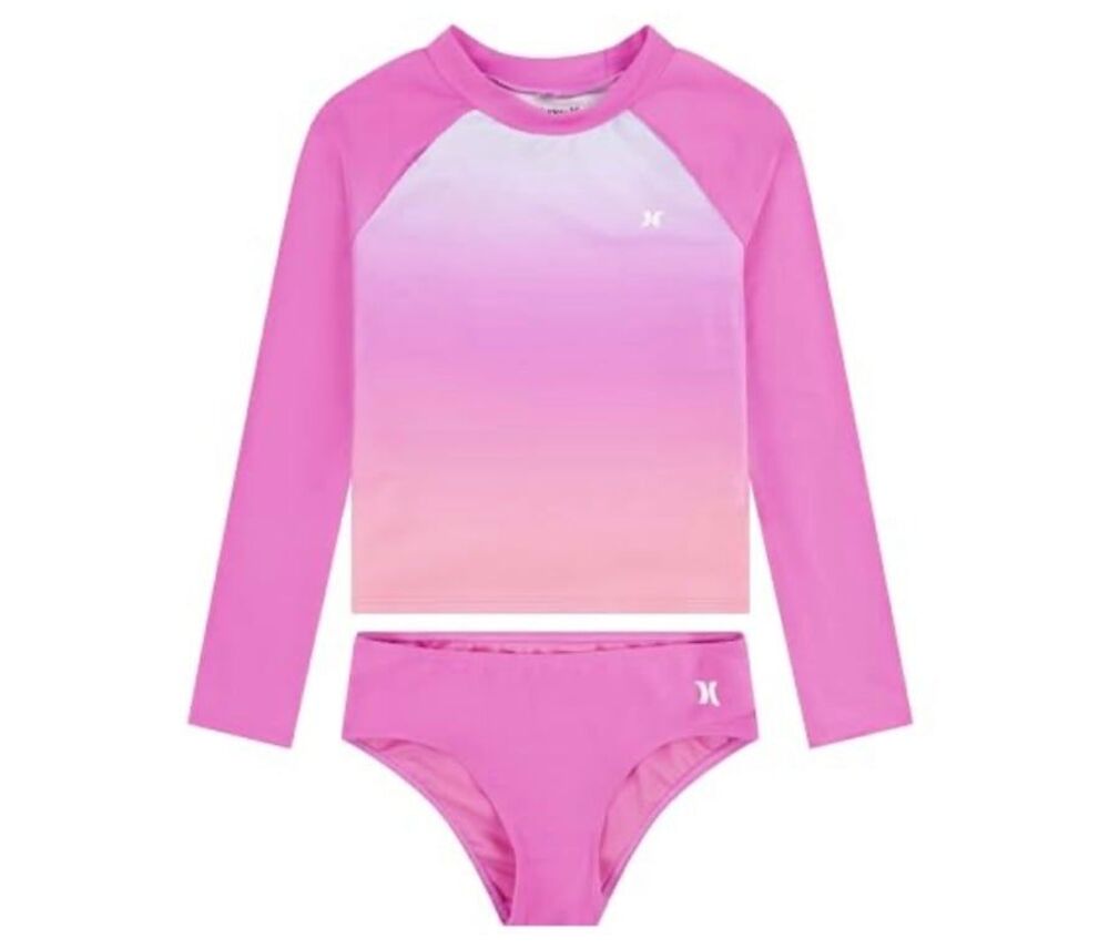 Hurley Girls Long Sleeve Rash Guard Swimsuit Size 14 China Rose New With Tags